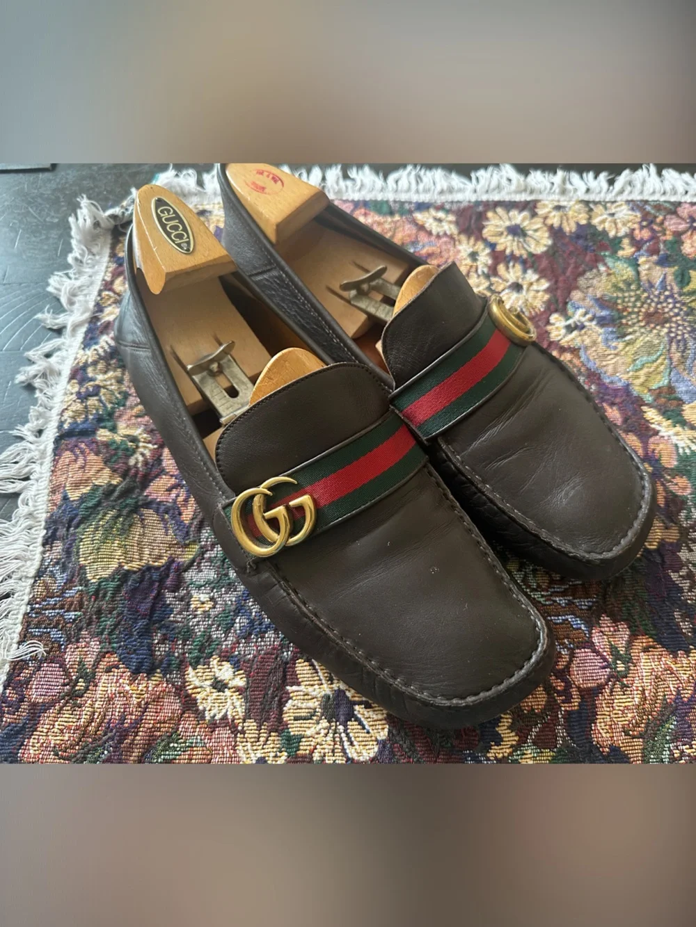 Gucci GG Gold Green Red Web Brown Leather Men’s Driving Loafers Size 12 G